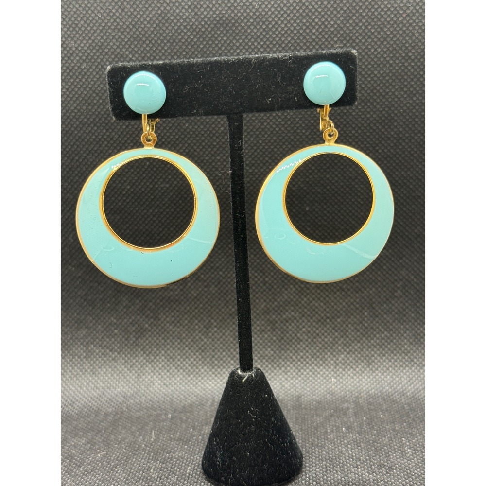 Vintage Turquoise Blue Enamel Gold Tone Clip On Hoop Earrings Retro Mod Drop